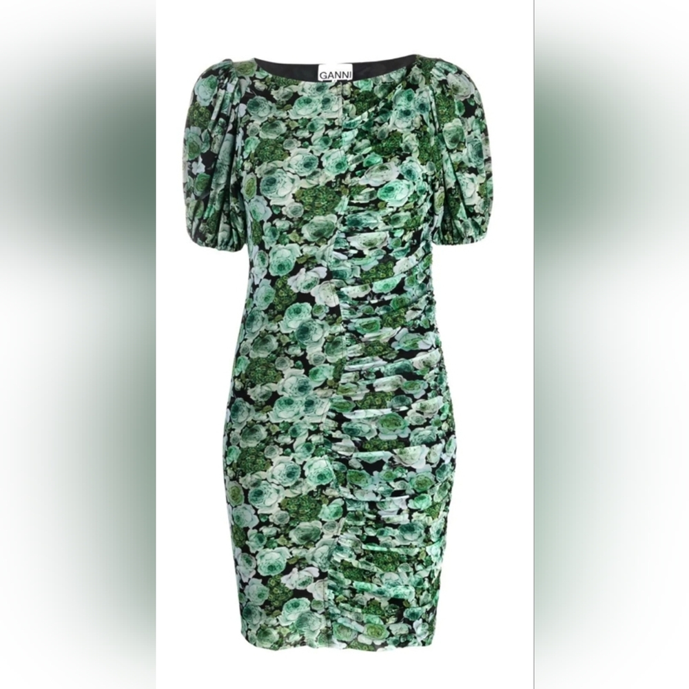 Ganni Puffy Ruched Sleeve Bodycon Floral Green Mesh Mini Dress Size 42 (10/12)